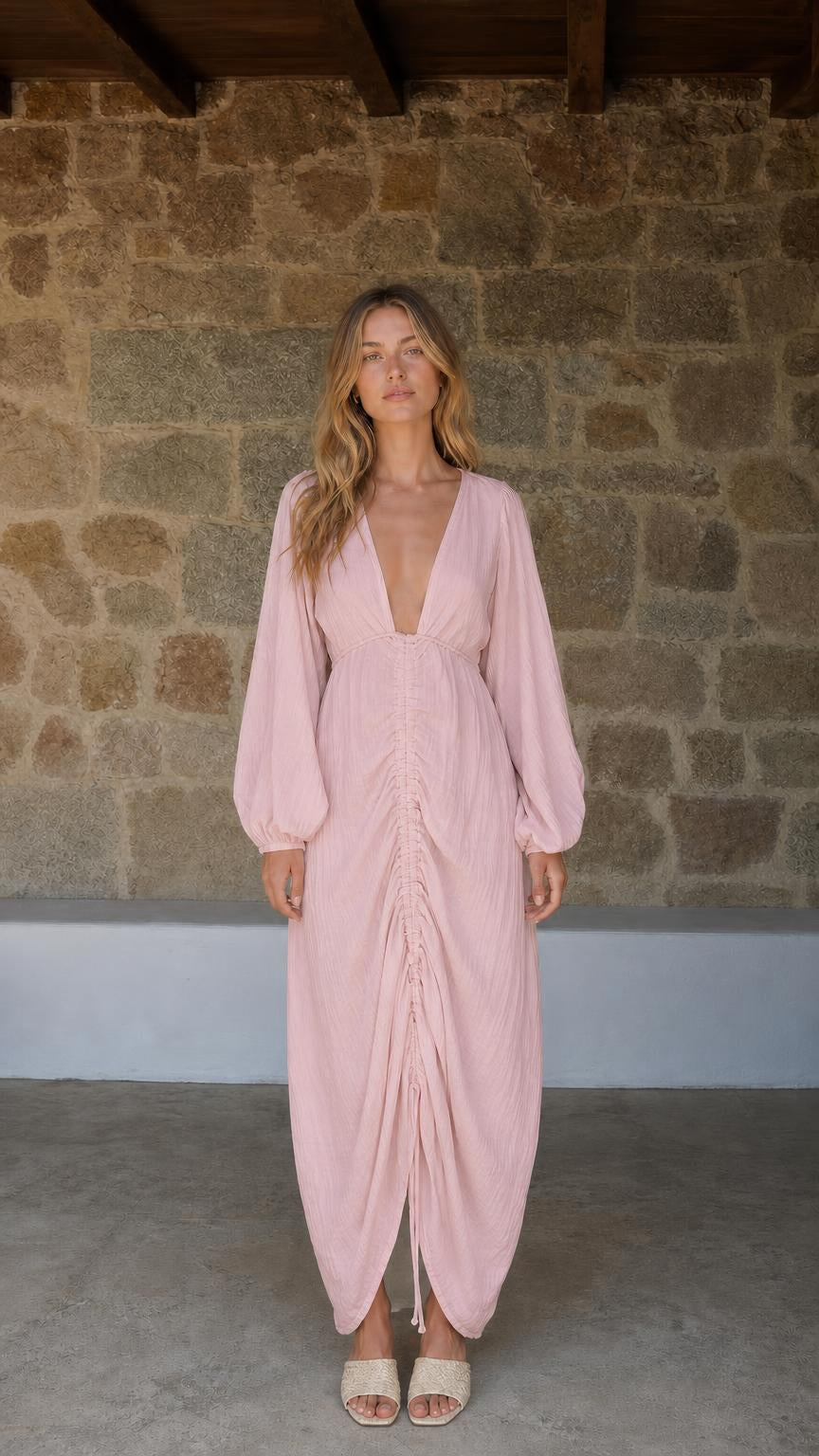 Front view of Pink V-Neck Ruched Long Sleeve Maxi Dress