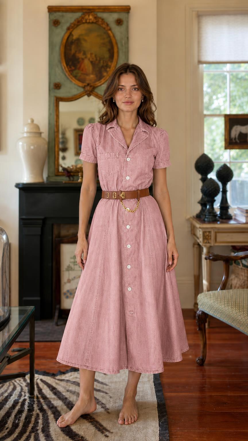 Woman wearing pink denim midi shirt dress