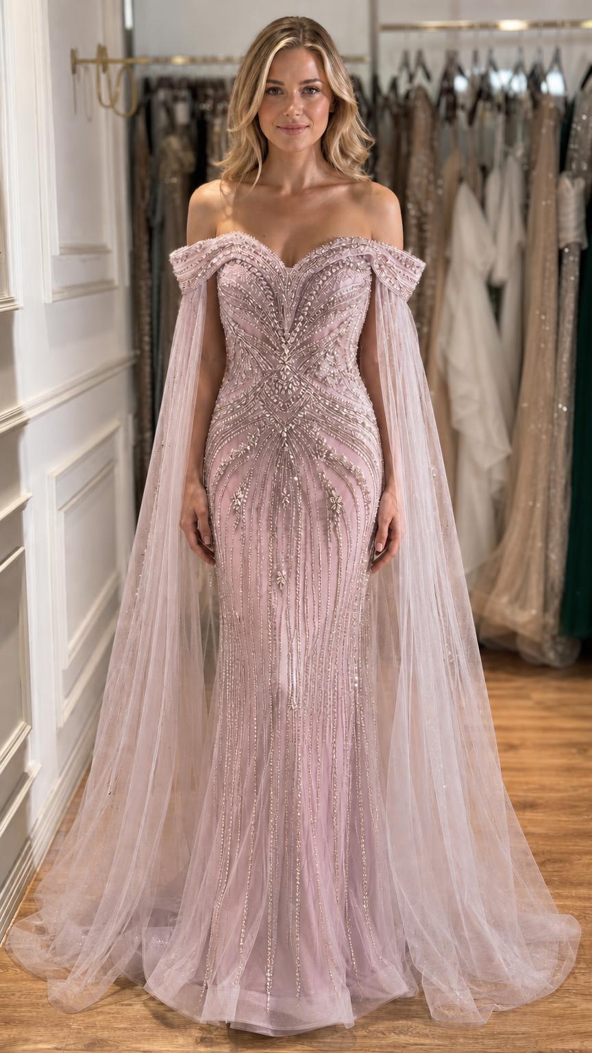 Dusty pink beaded mermaid evening gown with cape