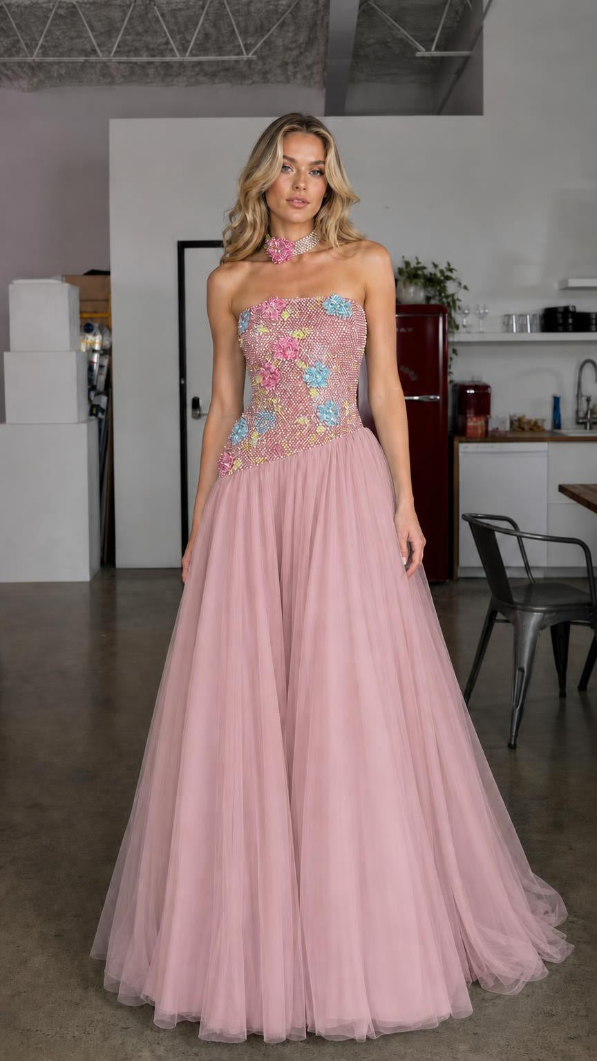 Pink variant of the crystal embellished strapless tulle evening gown