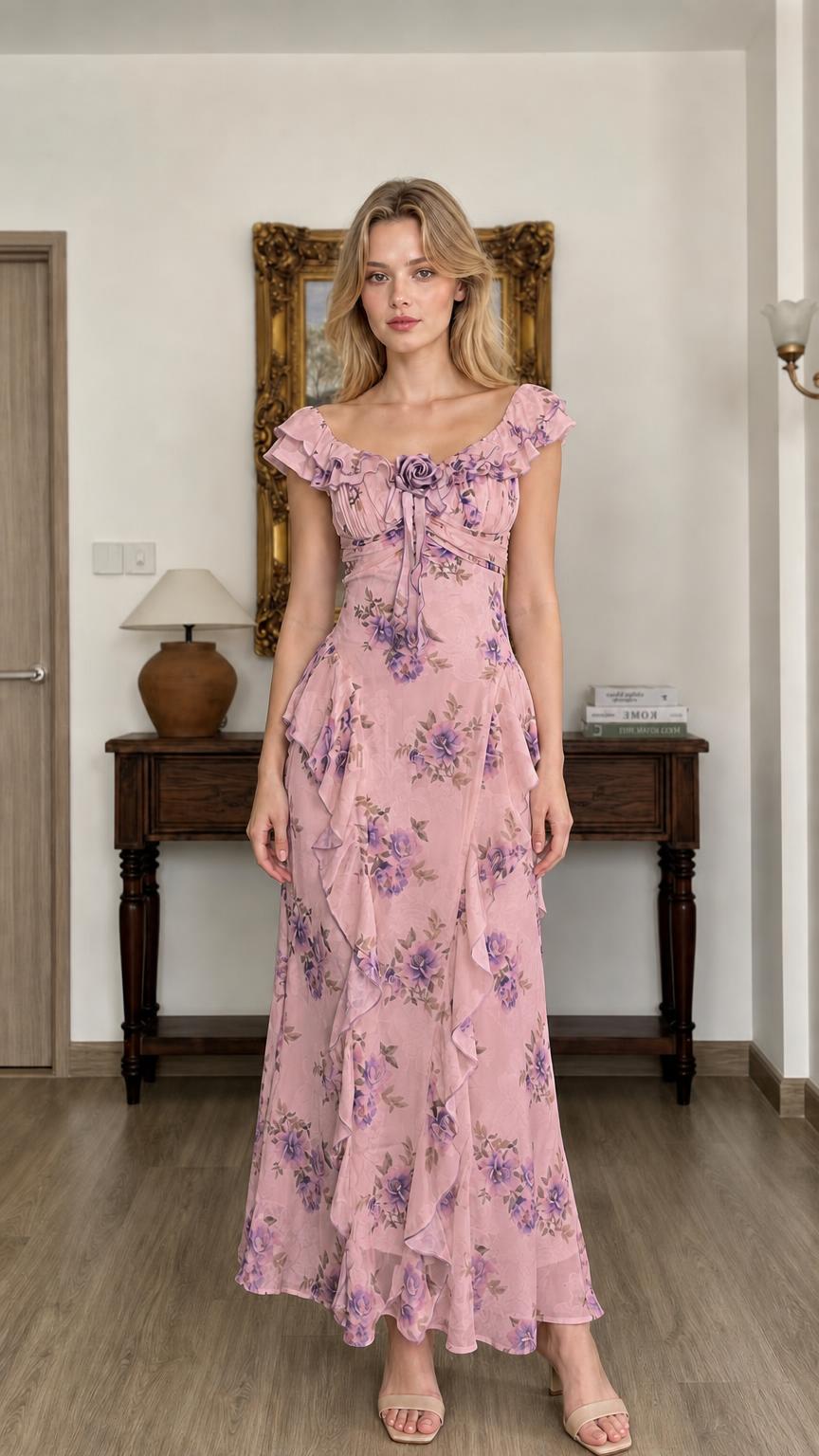 Floral Print Ruffled Maxi Dress in Pink