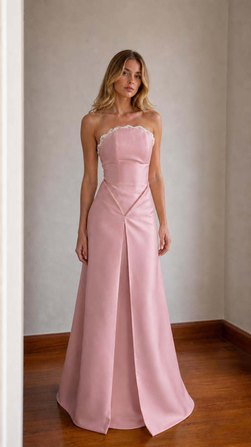 Elegance Strapless Lace Trim Satin Maxi Dress in pink