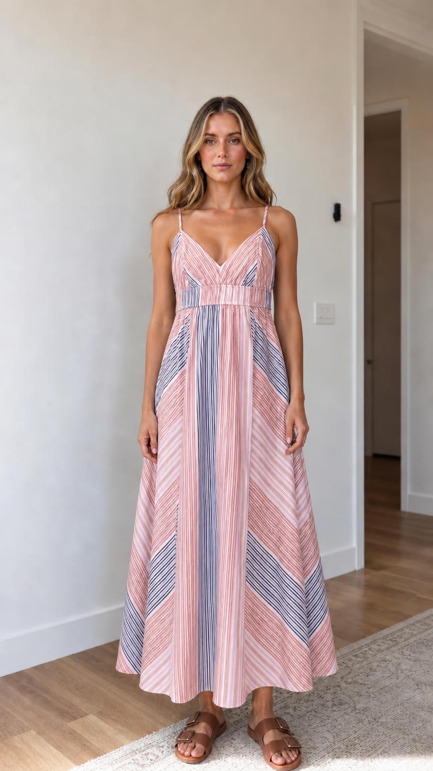 Front view of pink striped maxi dress