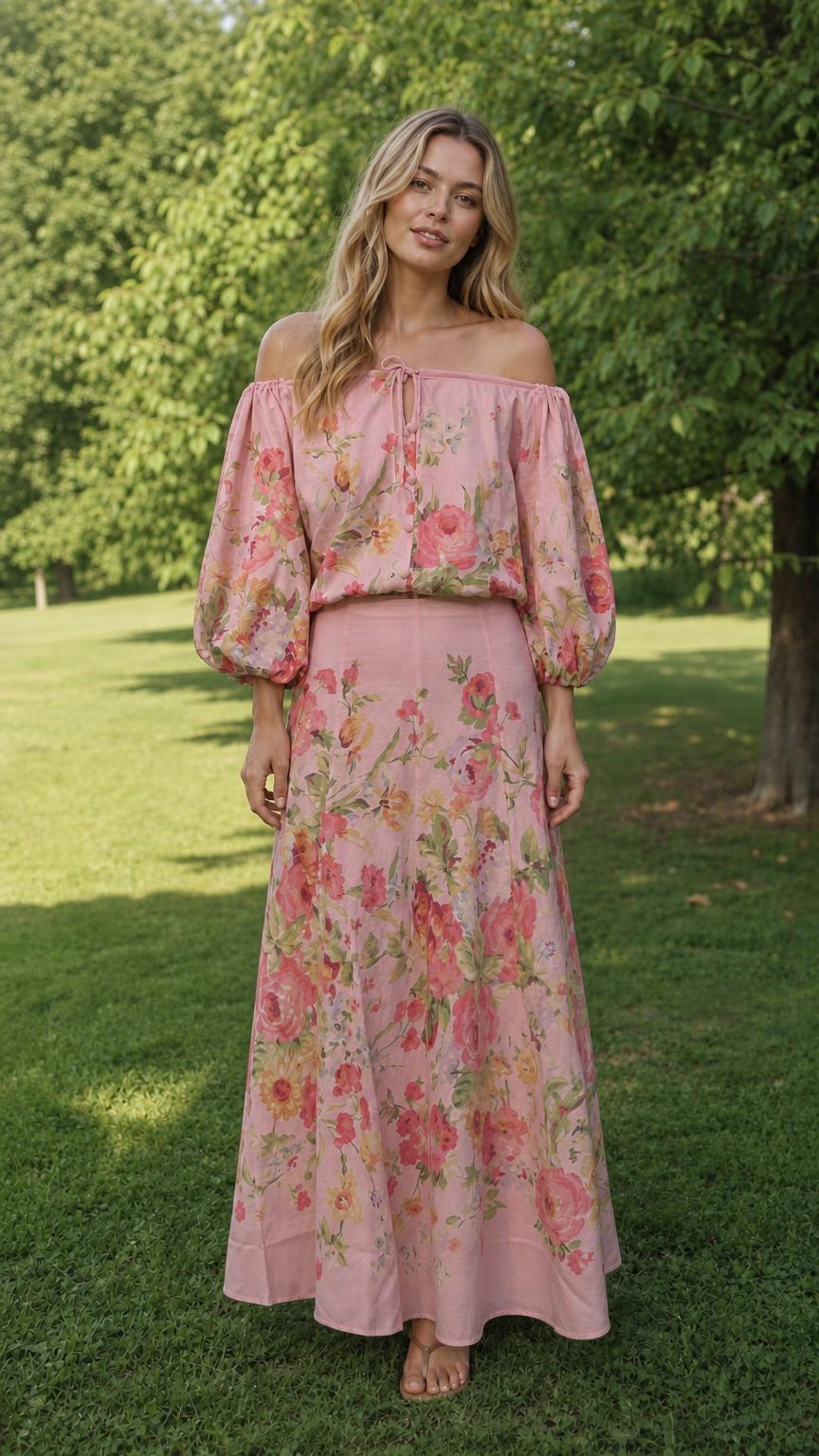 Front view of model wearing pink floral off-the-shoulder maxi set