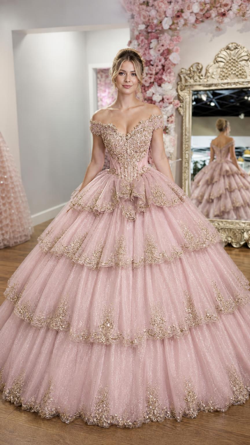 Front view of pink ball gown variant