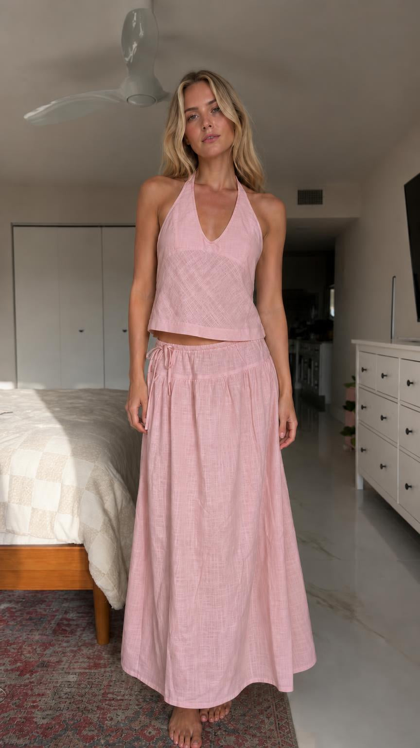Front view of pink two-piece set