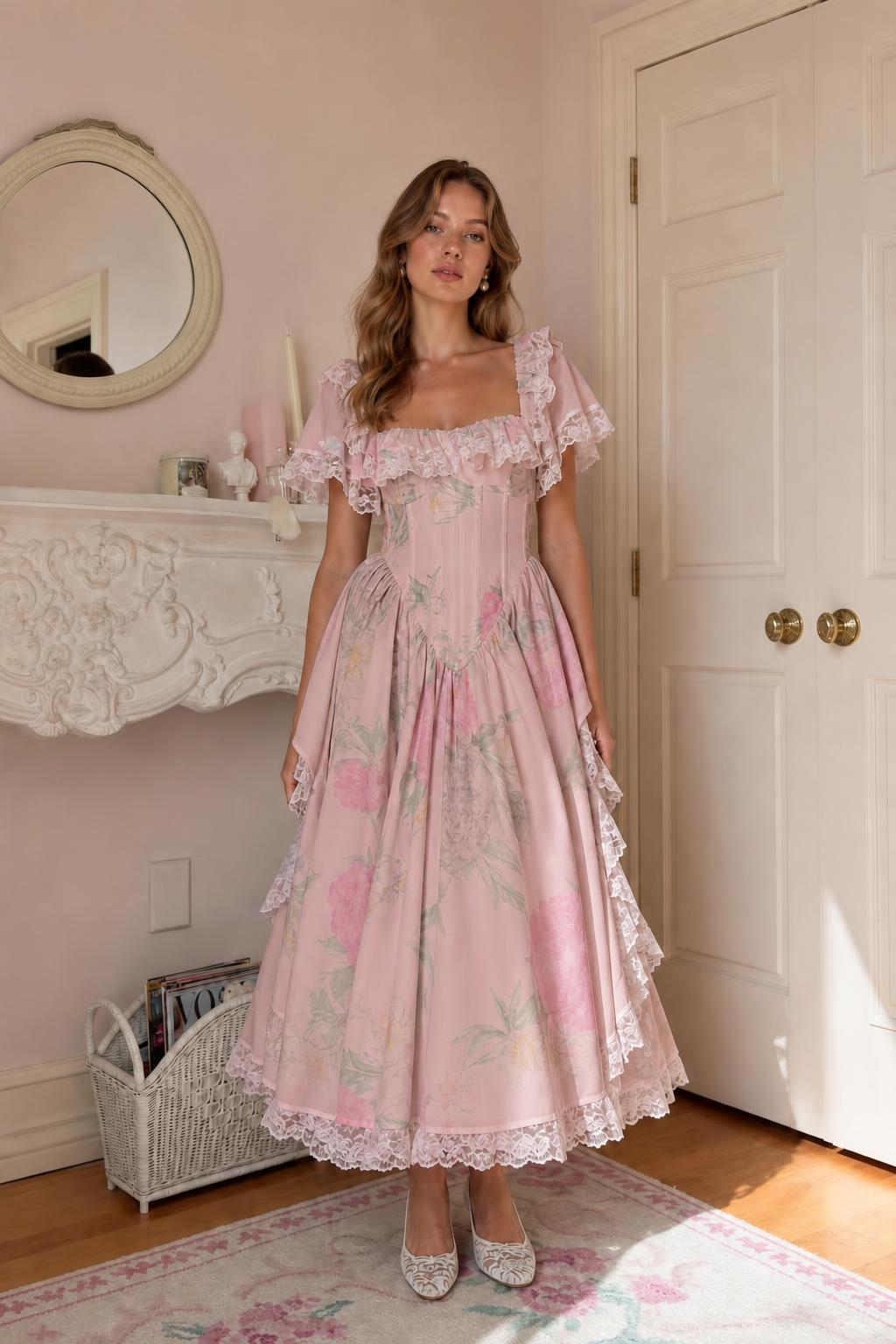 Front view in pink floral colorway