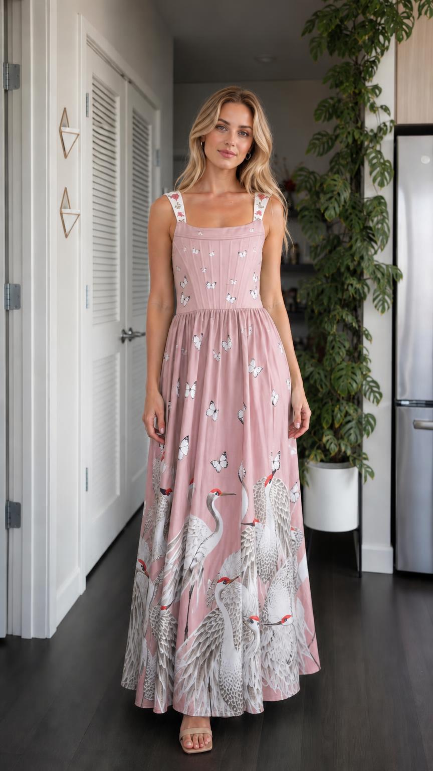 Model wearing pink color variant of crane maxi dress