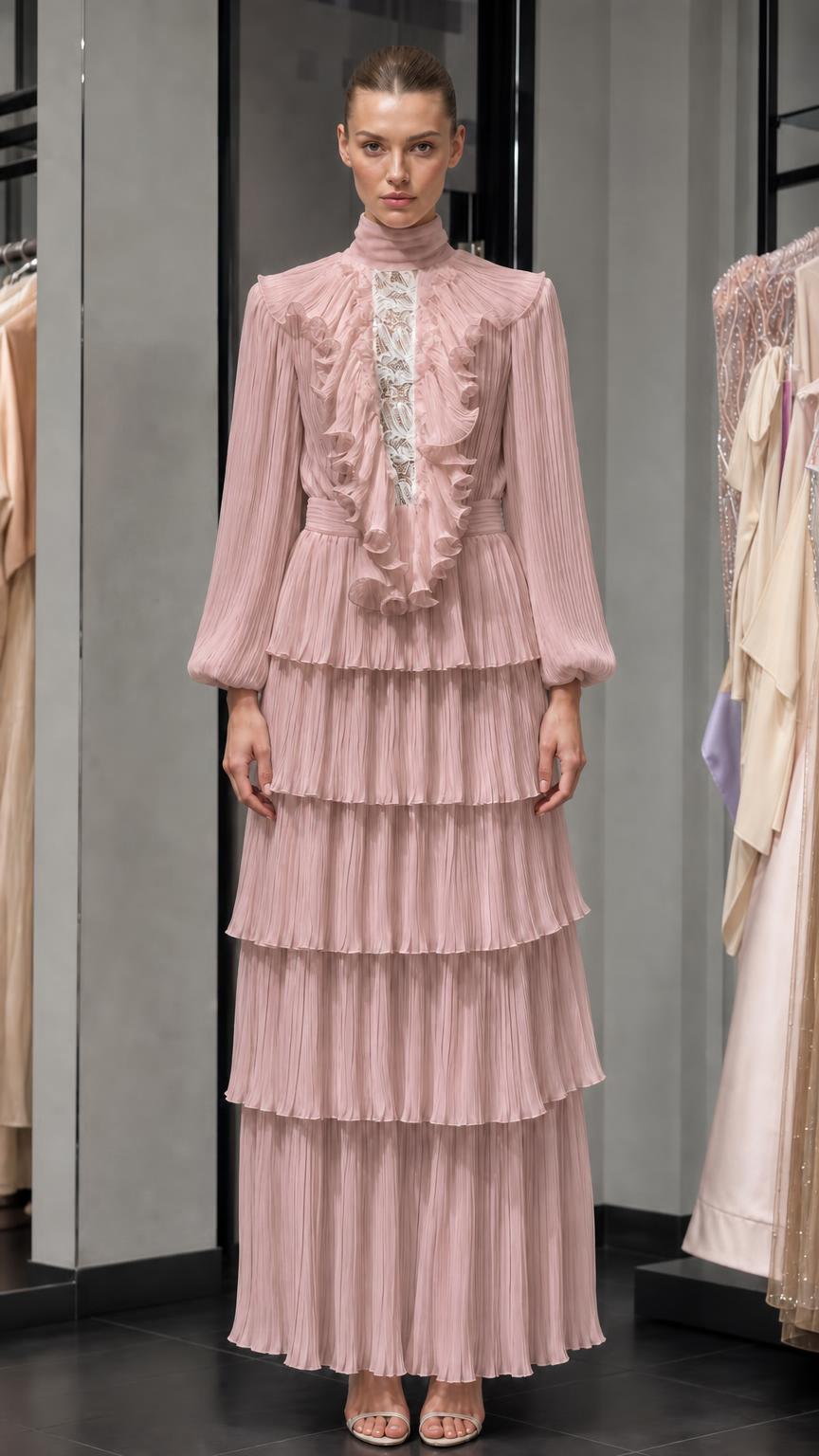 Front view of dusty pink pleated high-neck maxi dress with ruffles