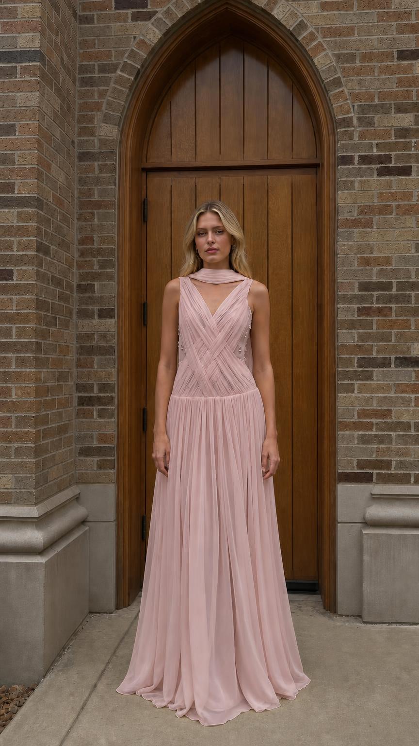 Front view of pink chiffon maxi dress