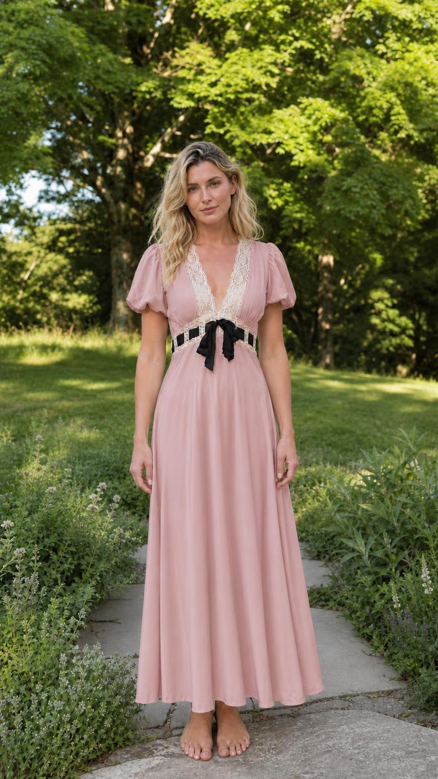 Front view of woman wearing pink V-neck lace trim maxi dress