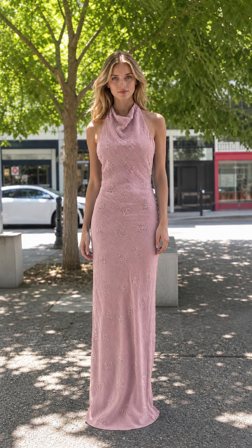 Front view of pink halter neck beaded maxi dress