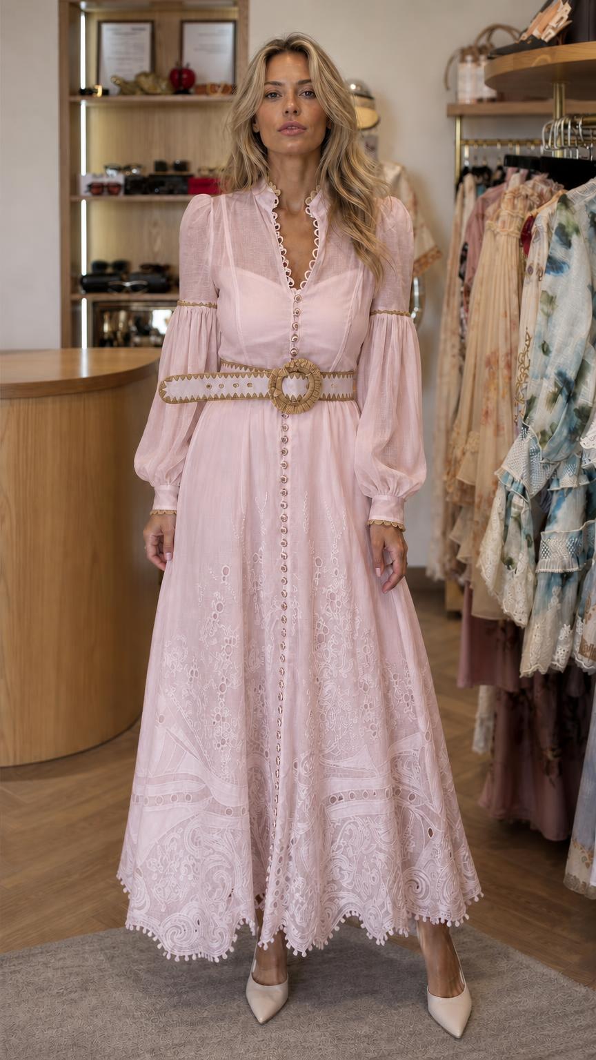 Front view of model wearing pink long sleeve maxi dress