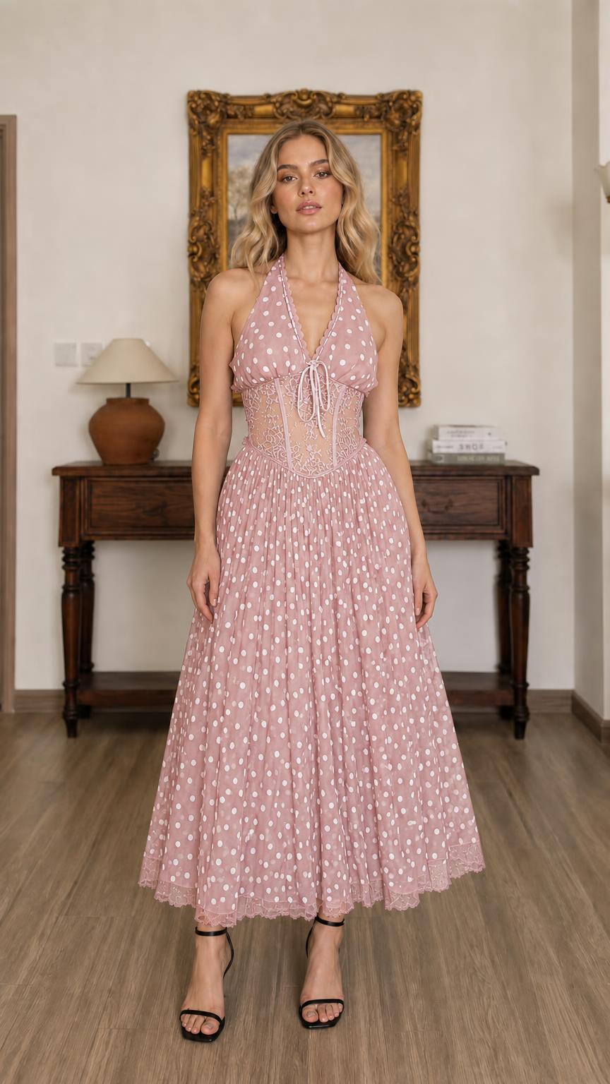 Front full view of pink polka dot halter midi dress on model