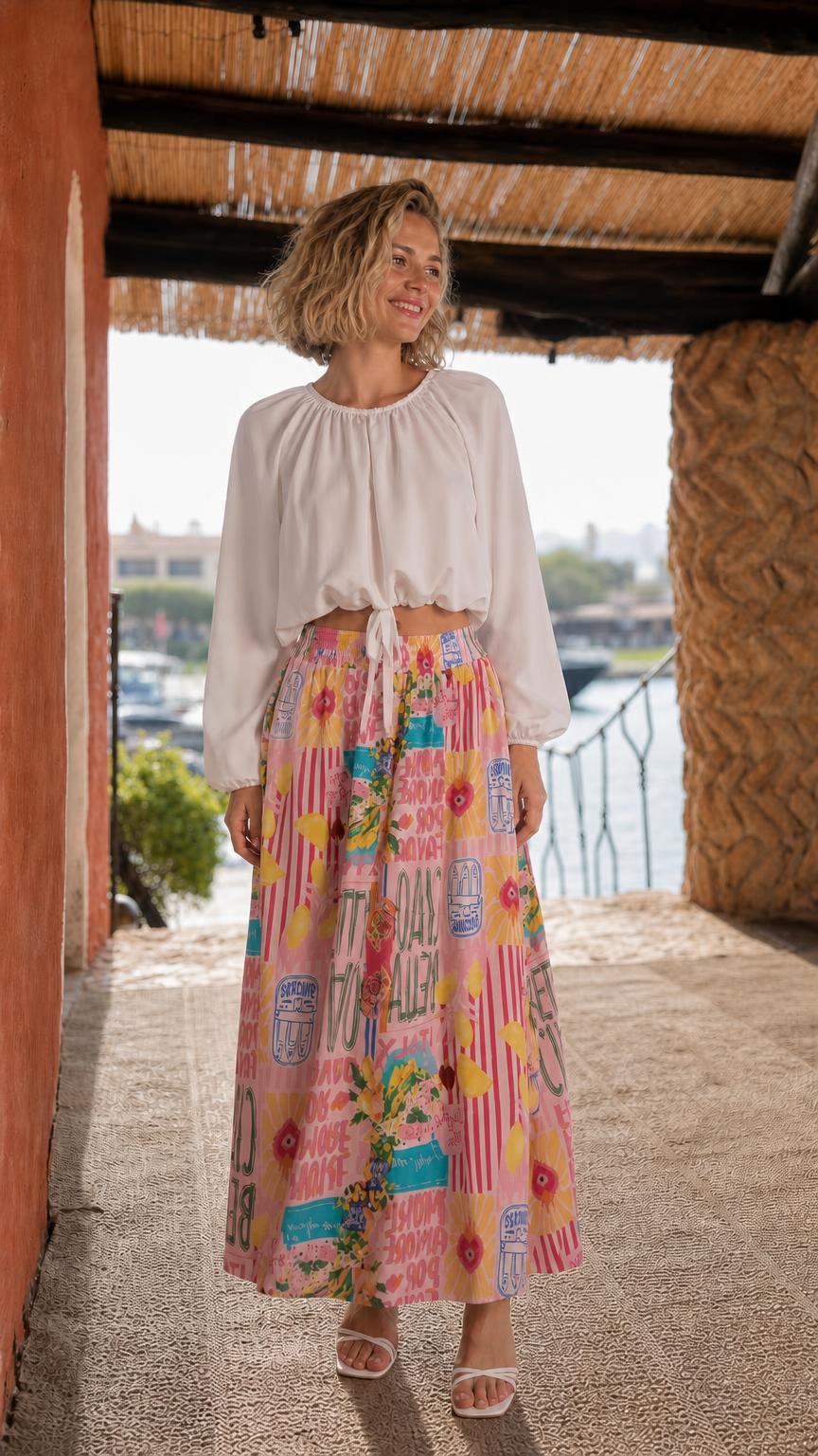 Model wearing white crop top and alternative pink multi printed maxi skirt