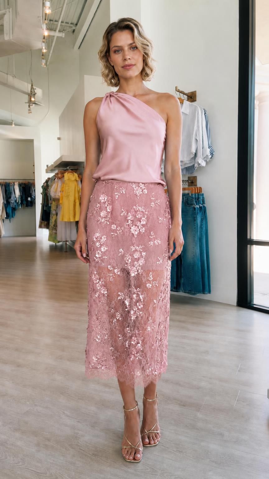 Model wearing pink one-shoulder top and matching skirt