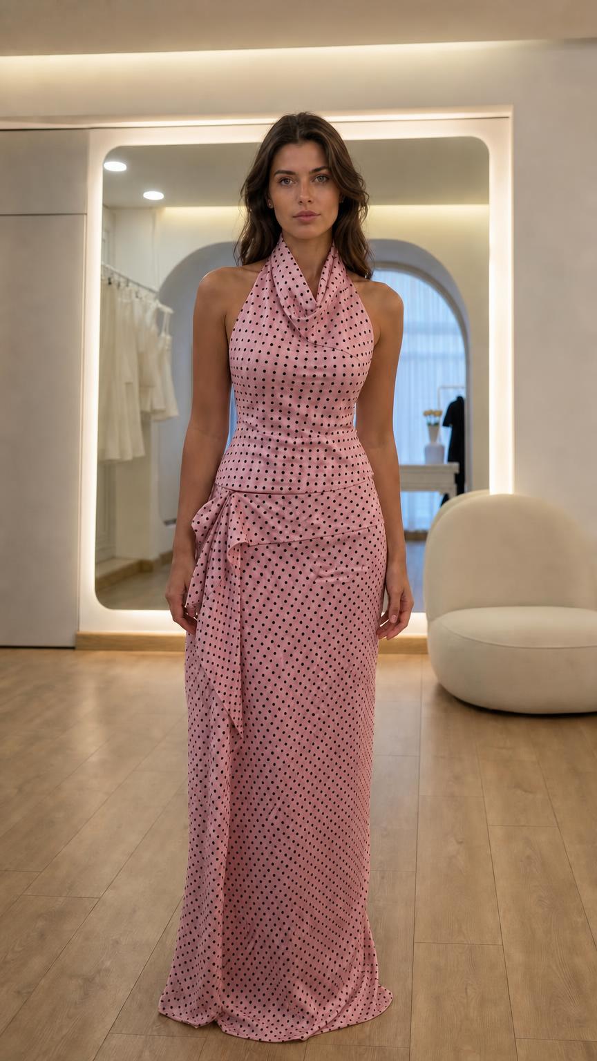 Front view of model wearing pink polka dot two-piece set