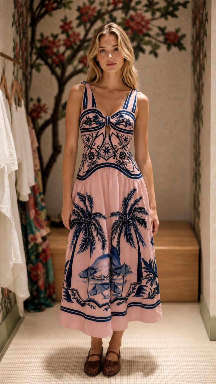 Woman wearing pink variant of tropical print midi dress