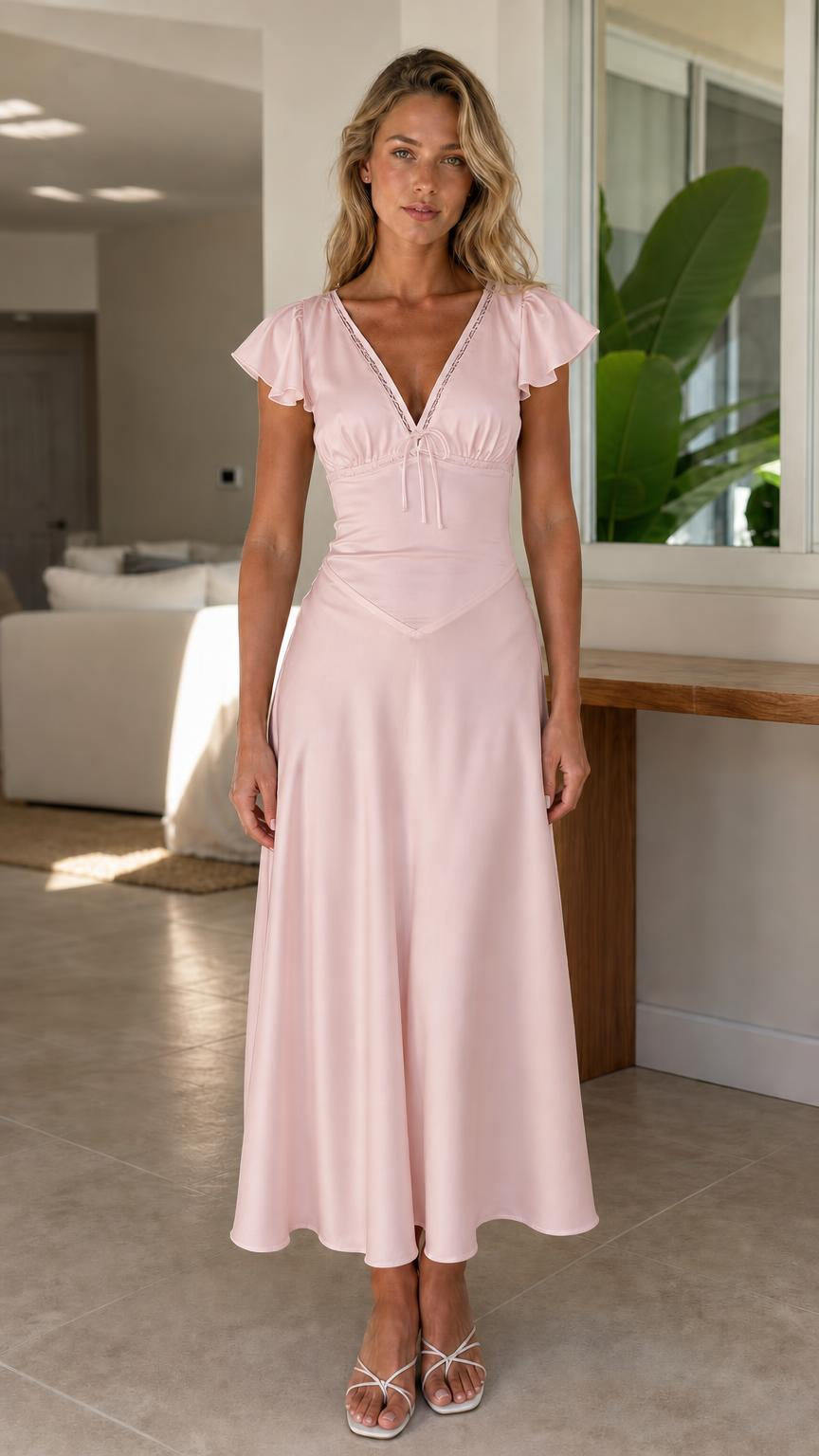 Front view of model wearing pink midi dress