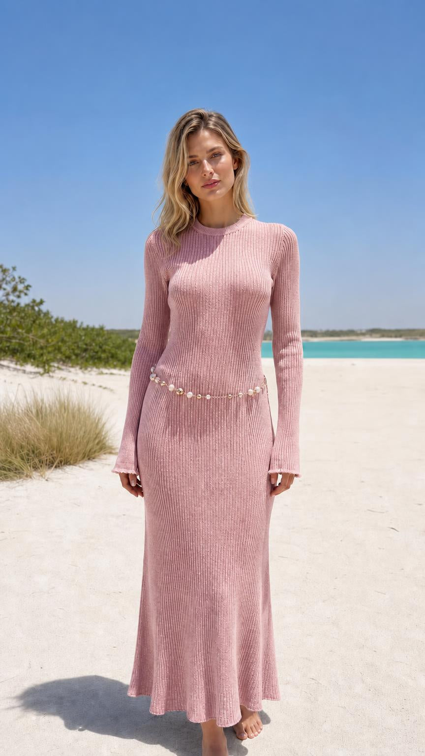 Model wearing dusty pink ribbed knit maxi dress