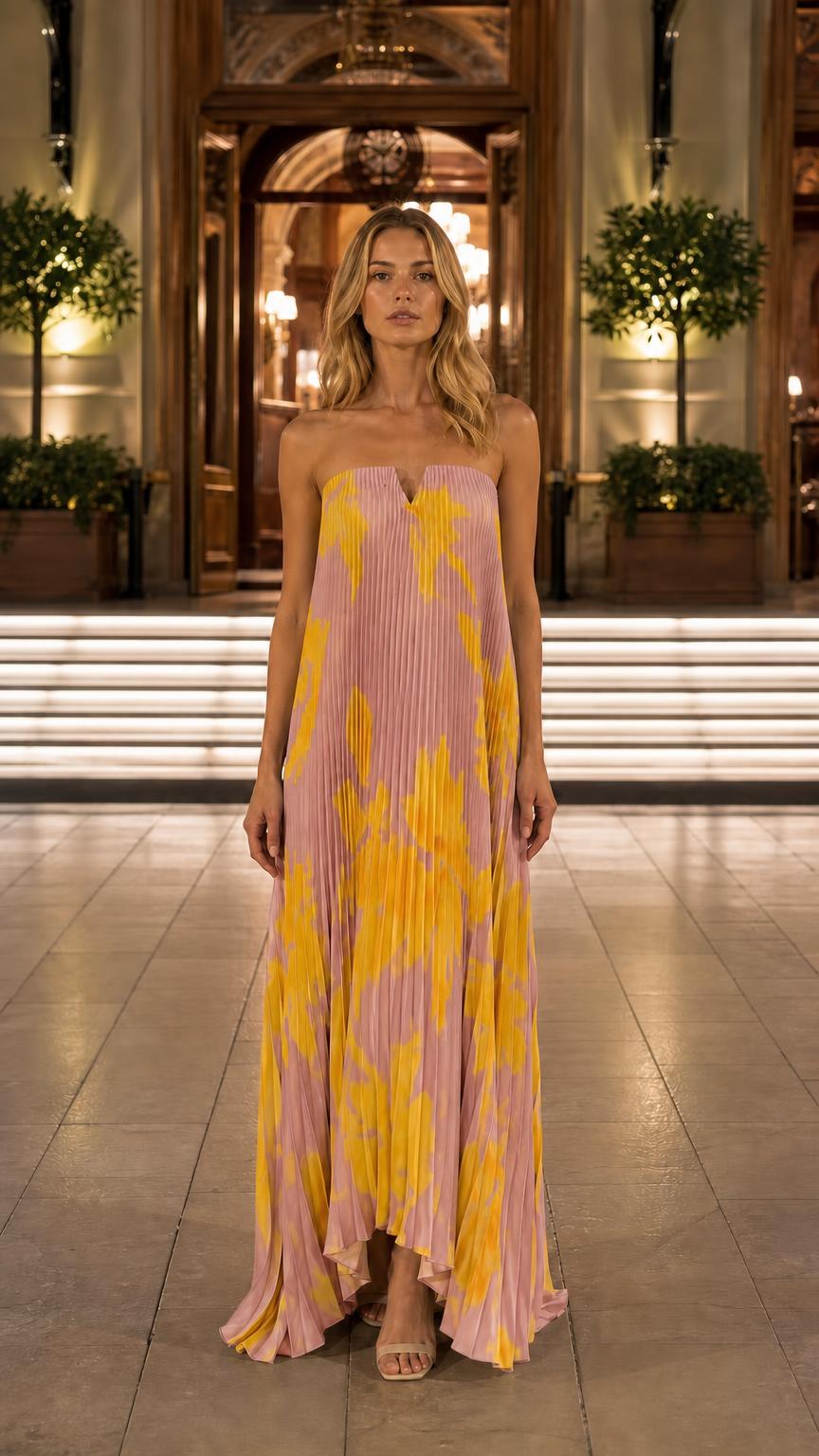 Front view of pink floral pleated strapless maxi dress