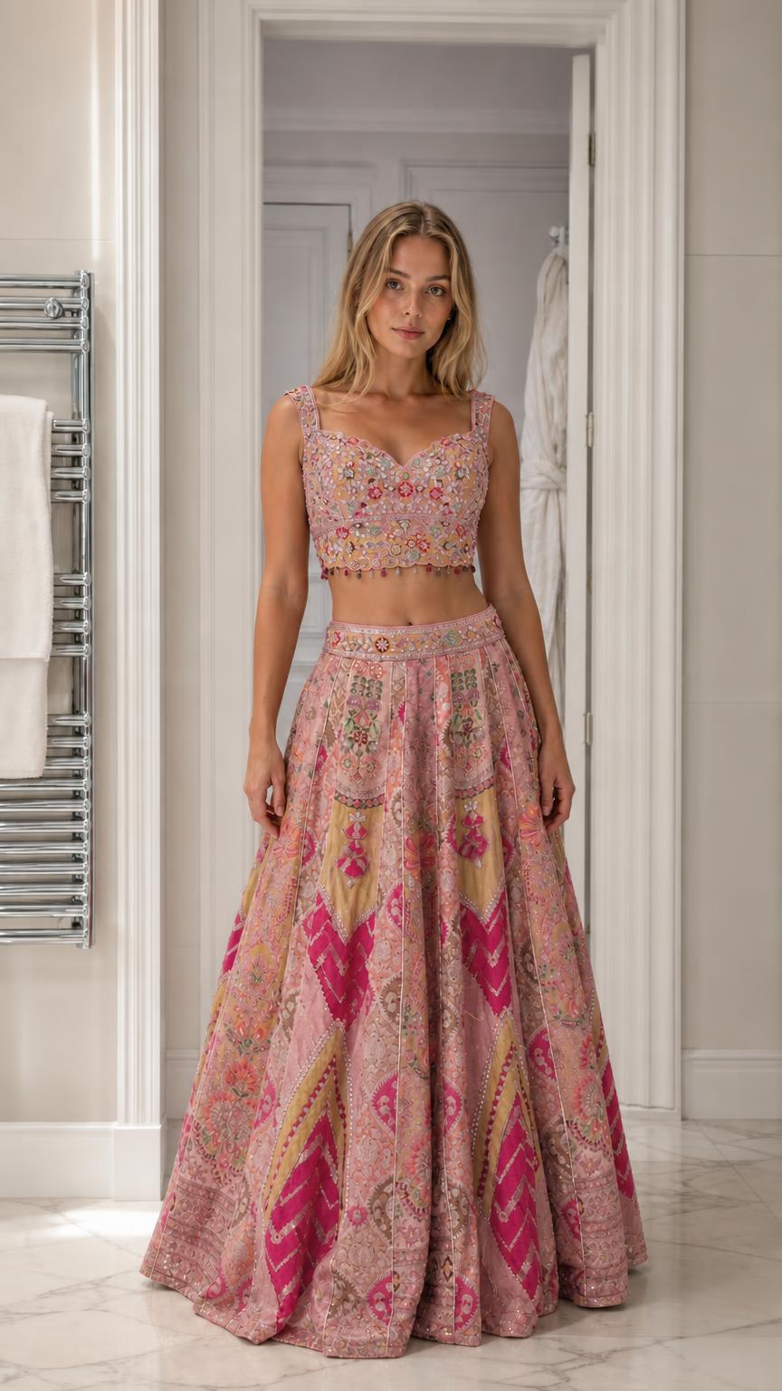 Woman wearing pink embroidered crop top and lehenga skirt set
