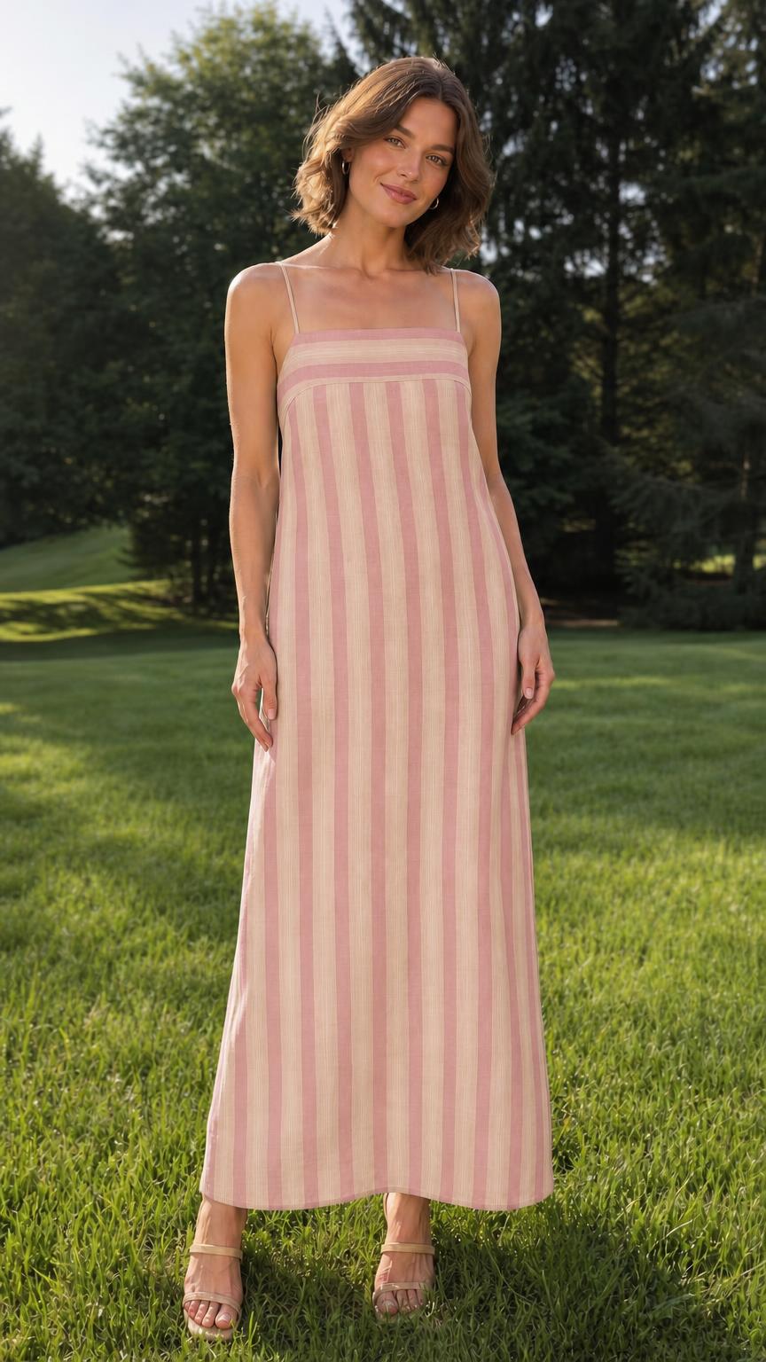 Woman wearing pink striped maxi dress