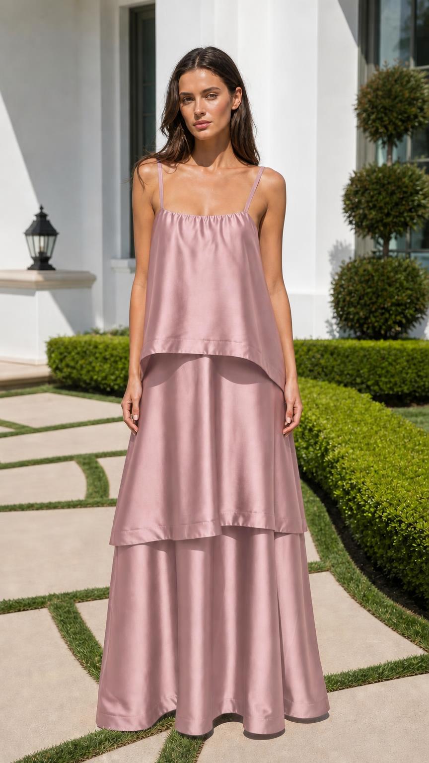 Front view of model wearing dusty rose tiered maxi dress