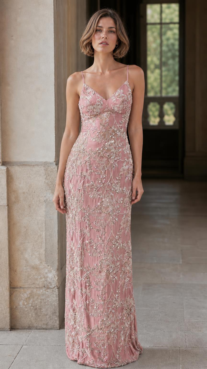 Elegance Sequin Embroidered Slip Maxi Dress in Pink