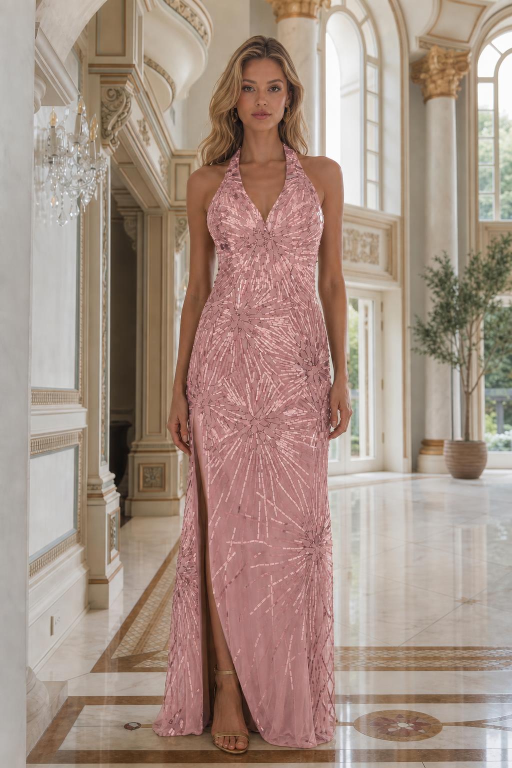 Front view of pink beaded halter evening gown