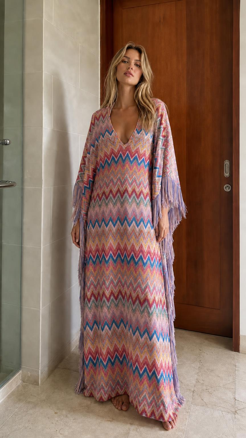 Model wearing pink-based chevron fringe maxi kaftan dress