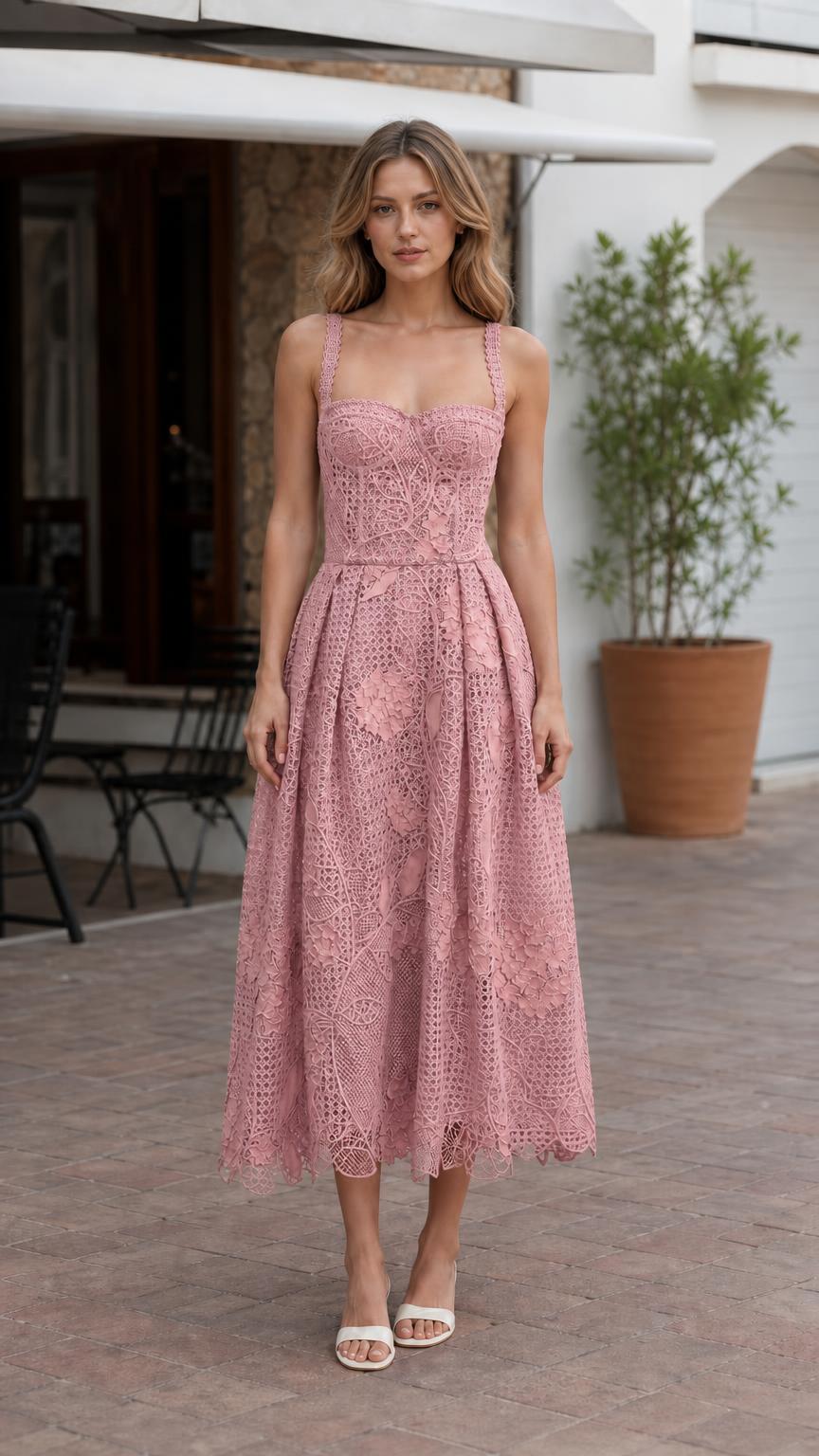 Front view of model wearing pink floral lace midi dress