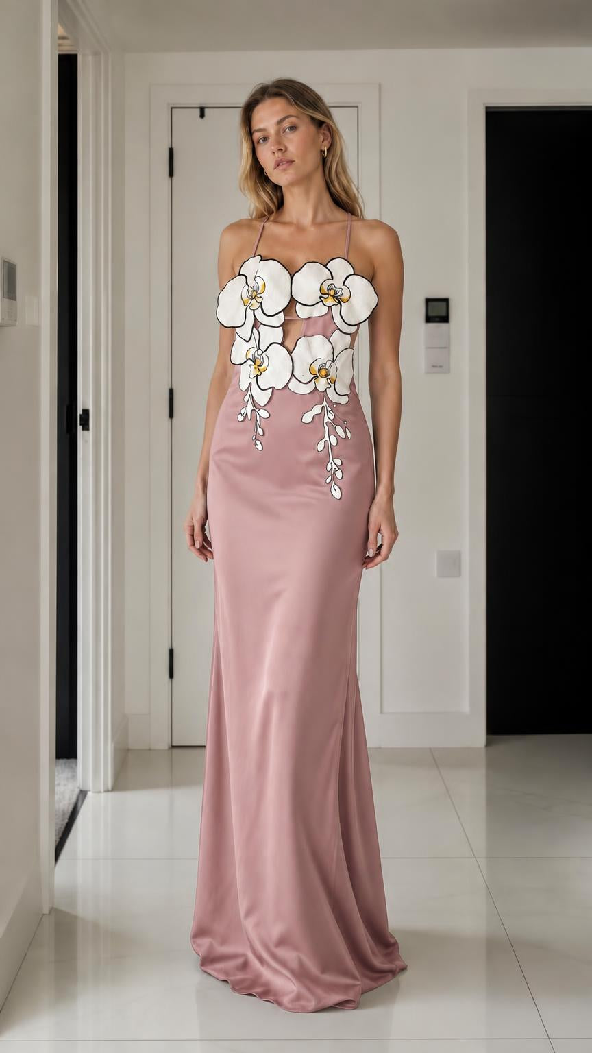 Elegance 3D Floral Applique Satin Maxi Dress in pink variant