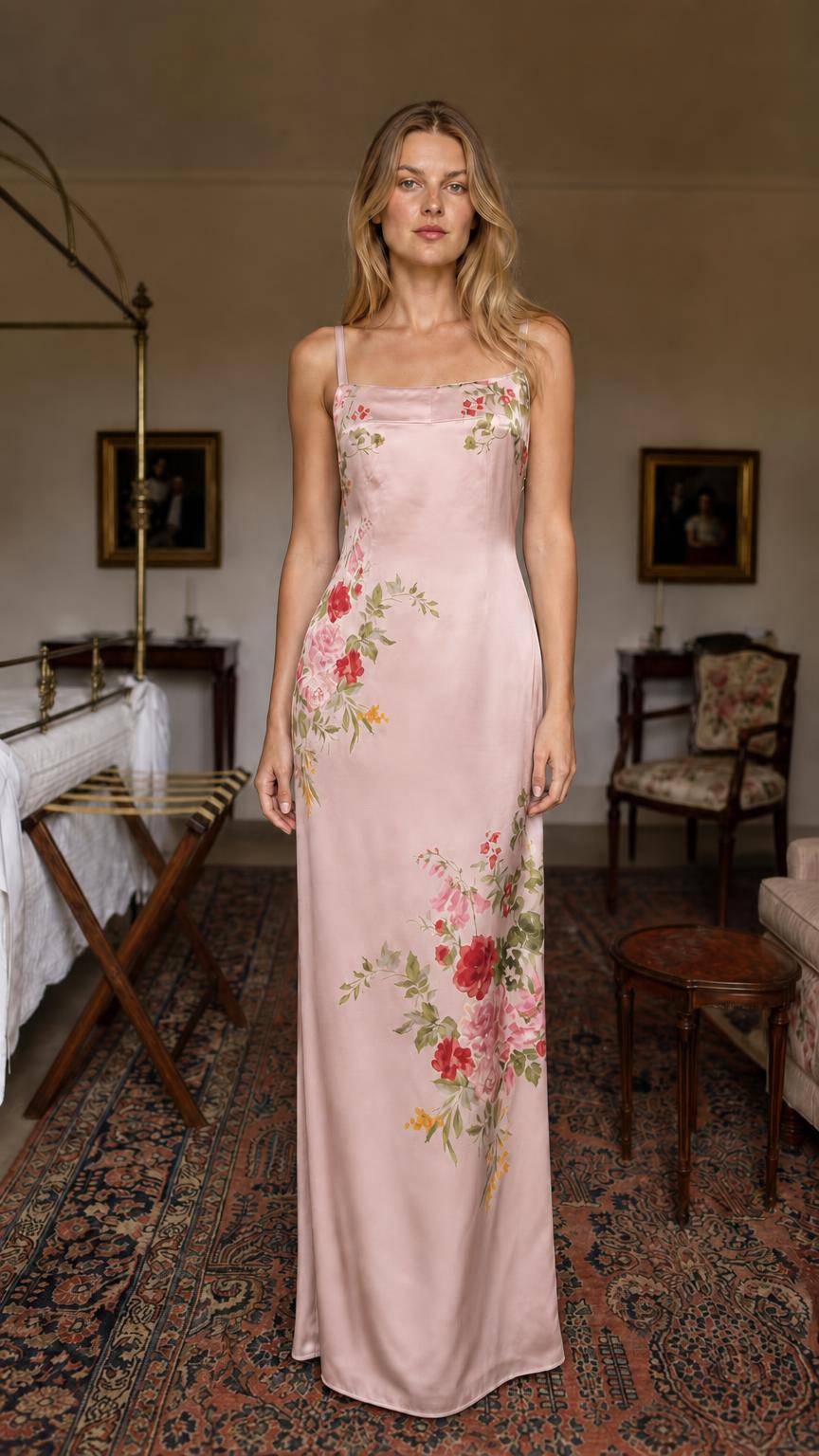 Model wearing pink floral satin maxi dress