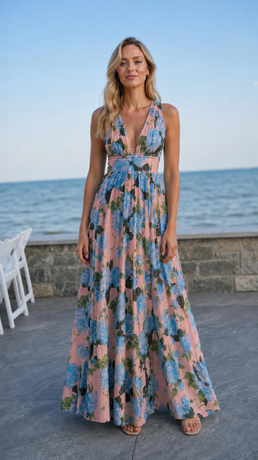 Woman wearing pink floral maxi dress variant