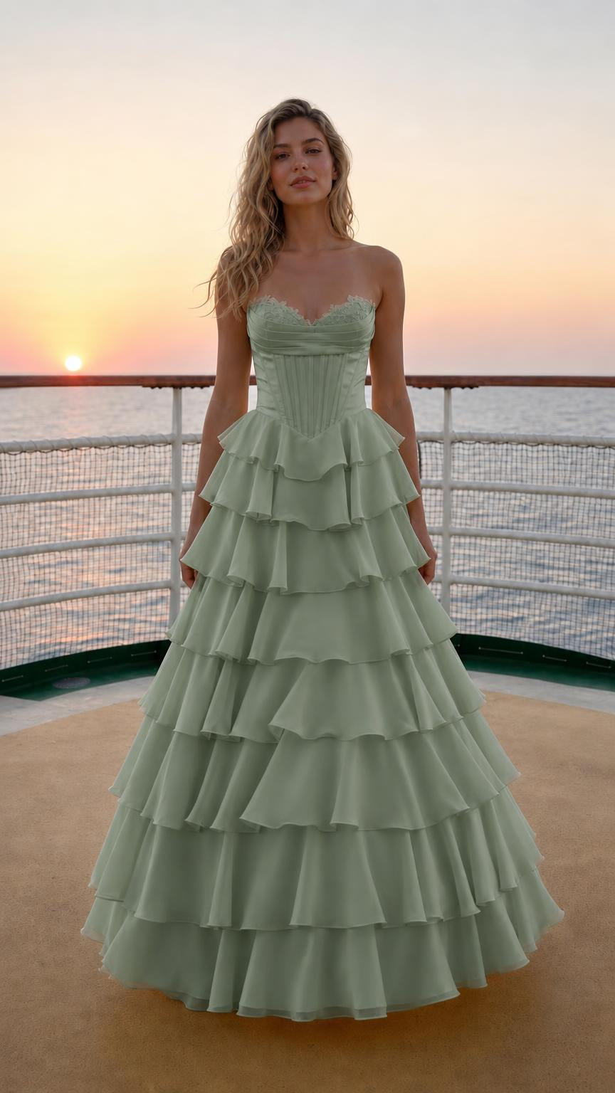 Model wearing sage green sweetheart corset tiered ruffle long evening gown