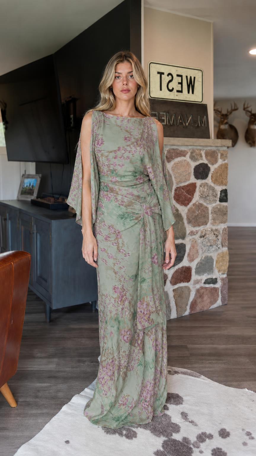 Front view of Sage Green floral maxi dress variant