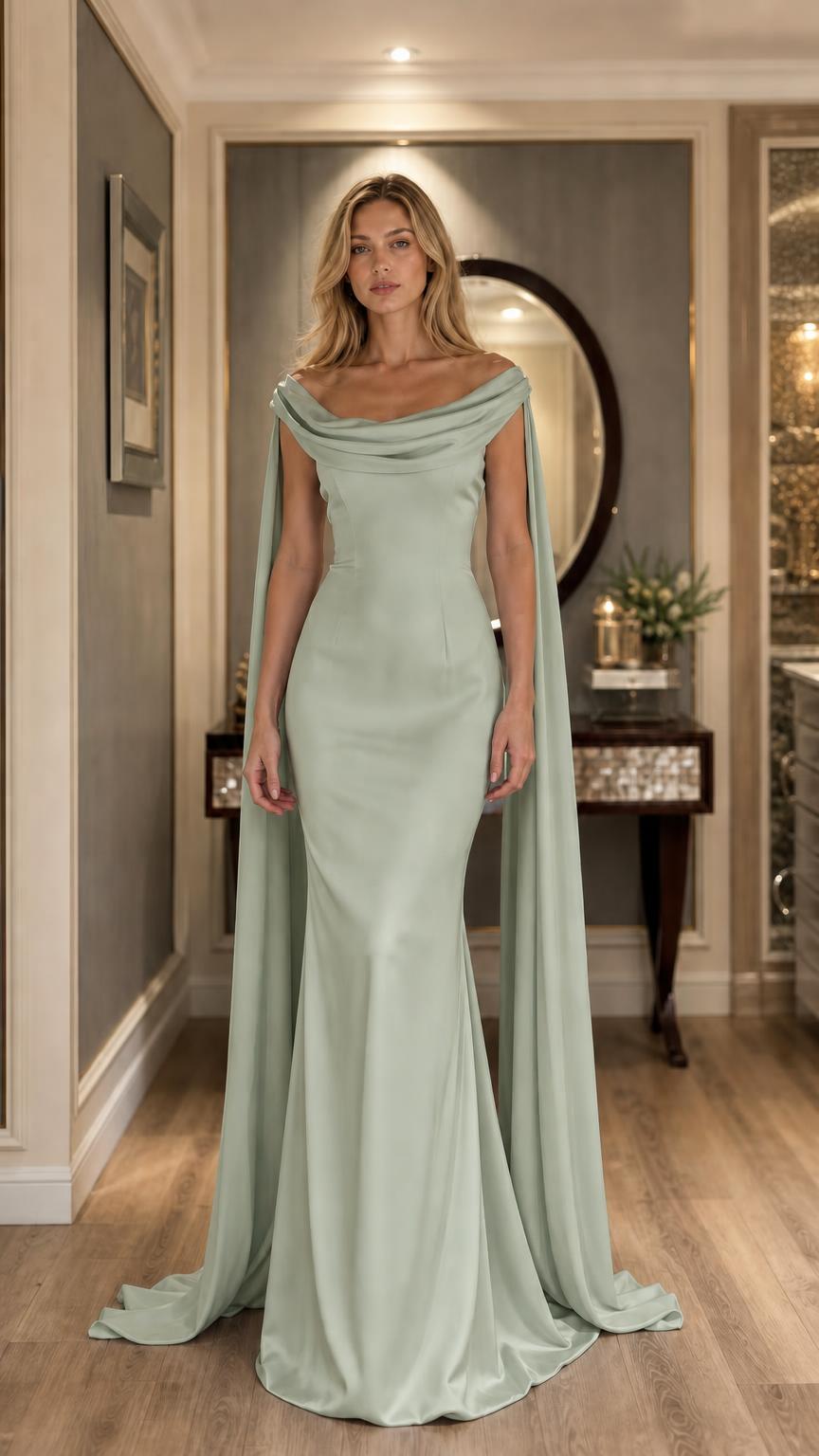 Sage green evening dress with flowing cape on model