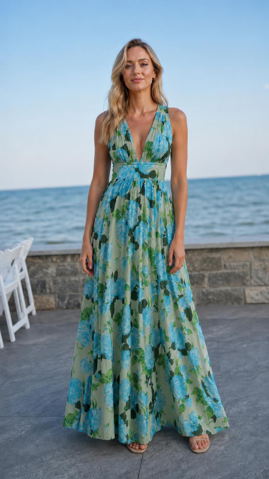 Woman wearing green floral maxi dress variant