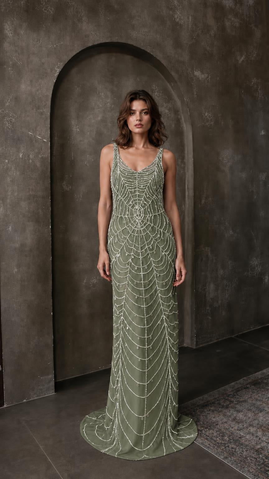 Front view of sage green beaded evening maxi dress