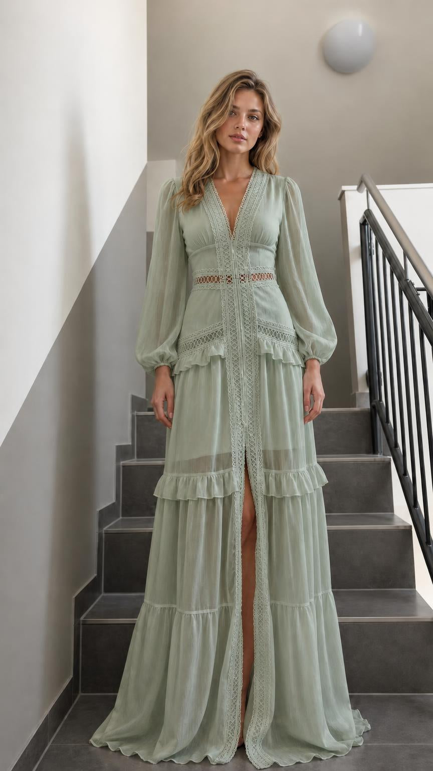Front view of Sage Green V-Neck Long Sleeve Ruffle Tiered Maxi Dress