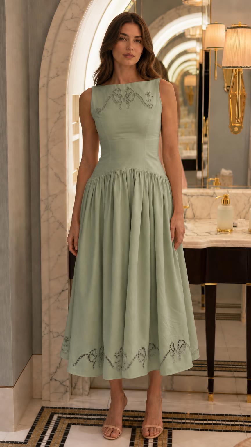 Front view of sage green embroidered midi dress