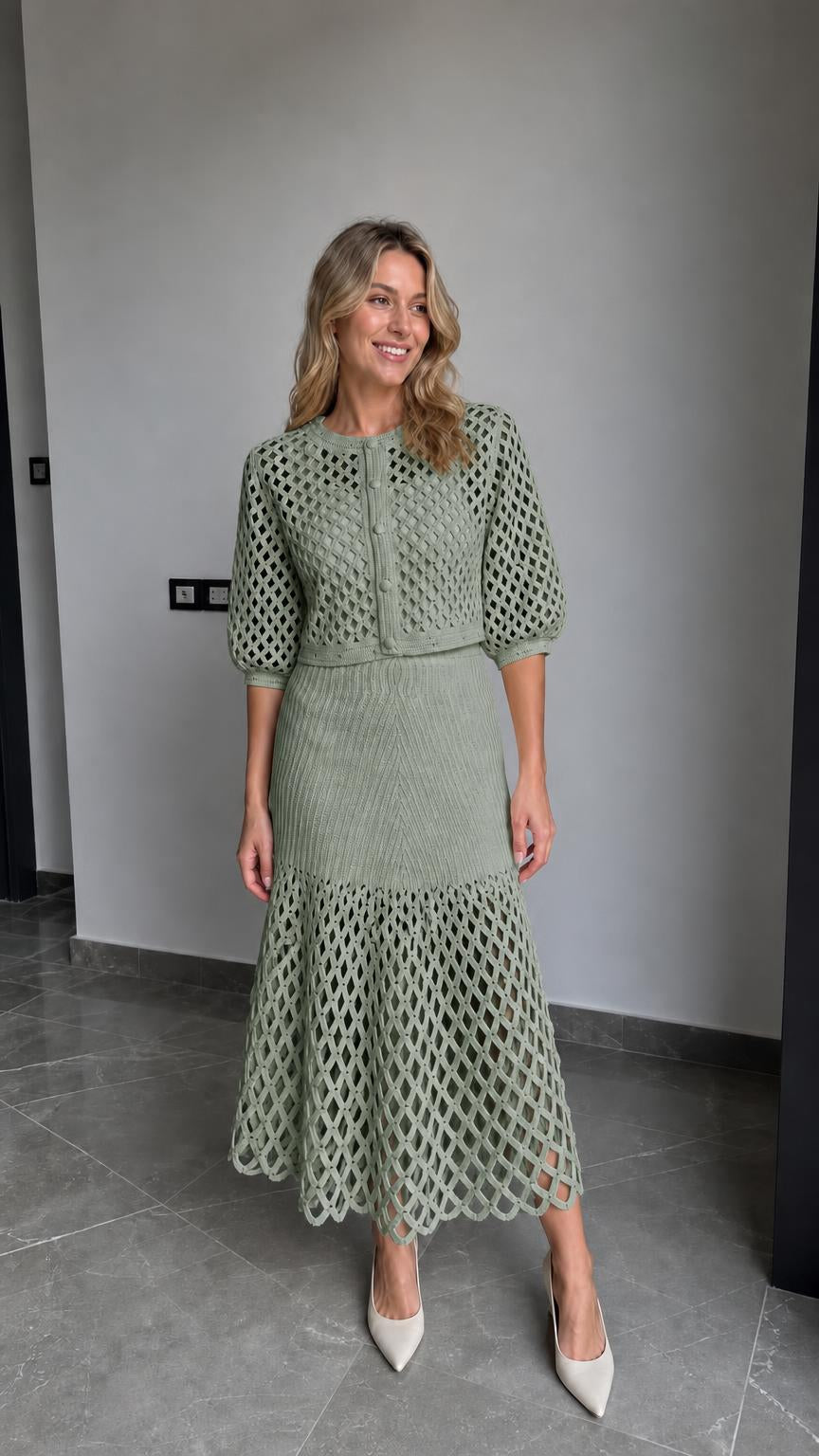 Full-body view of model wearing the sage green colorway set