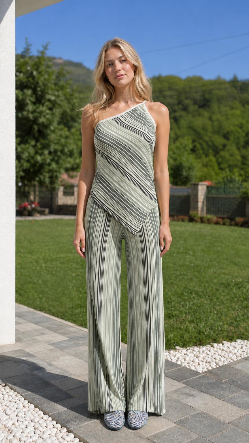 Front view of model wearing sage green striped two-piece set
