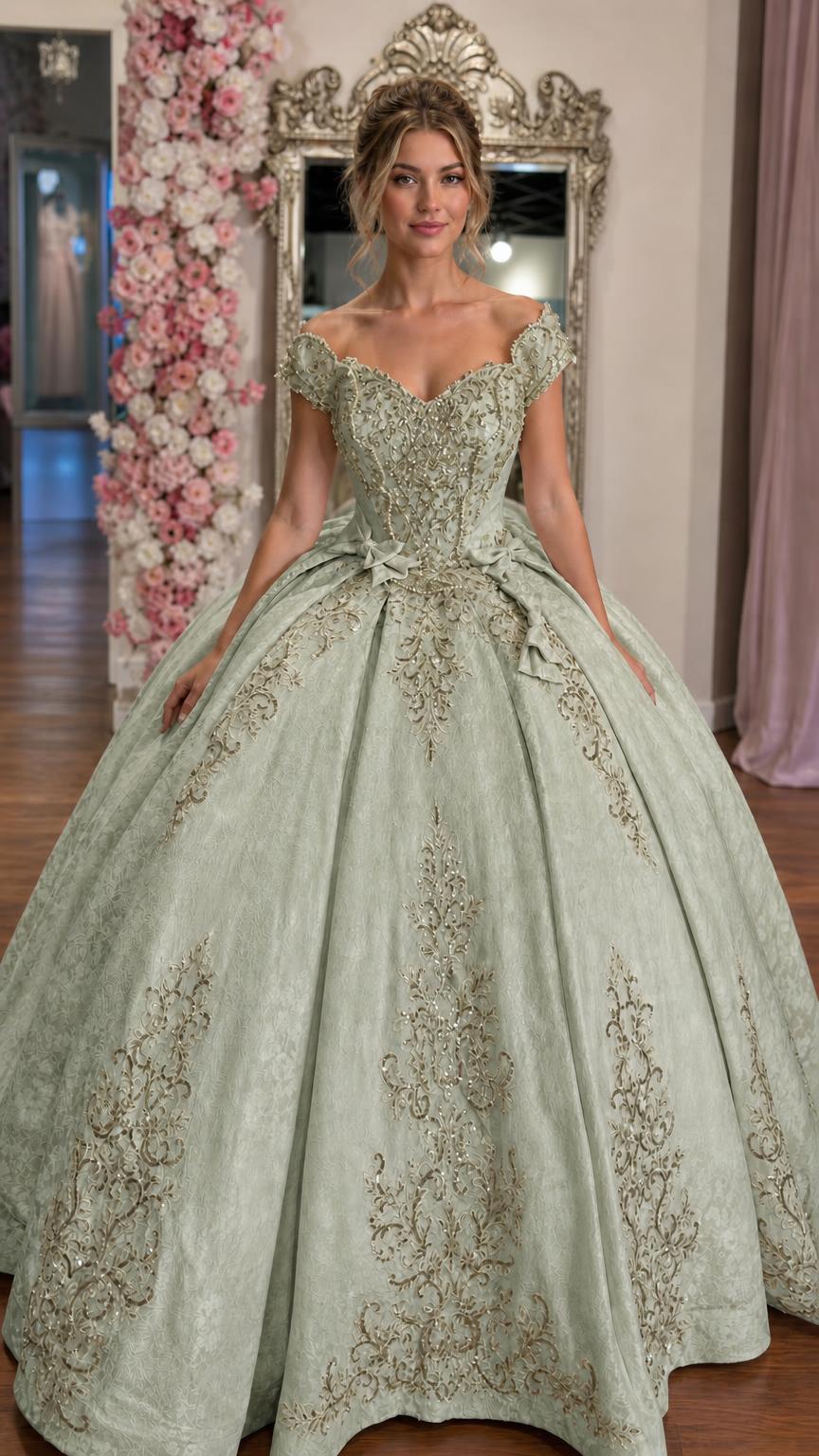 Front view of sage green ballgown with gold embroidery