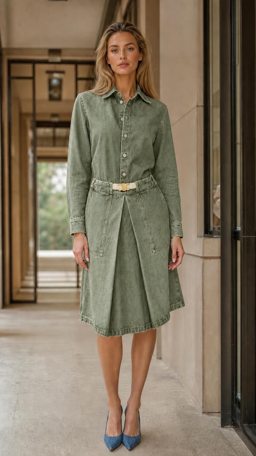 Front view of olive green denim shirt dress on model
