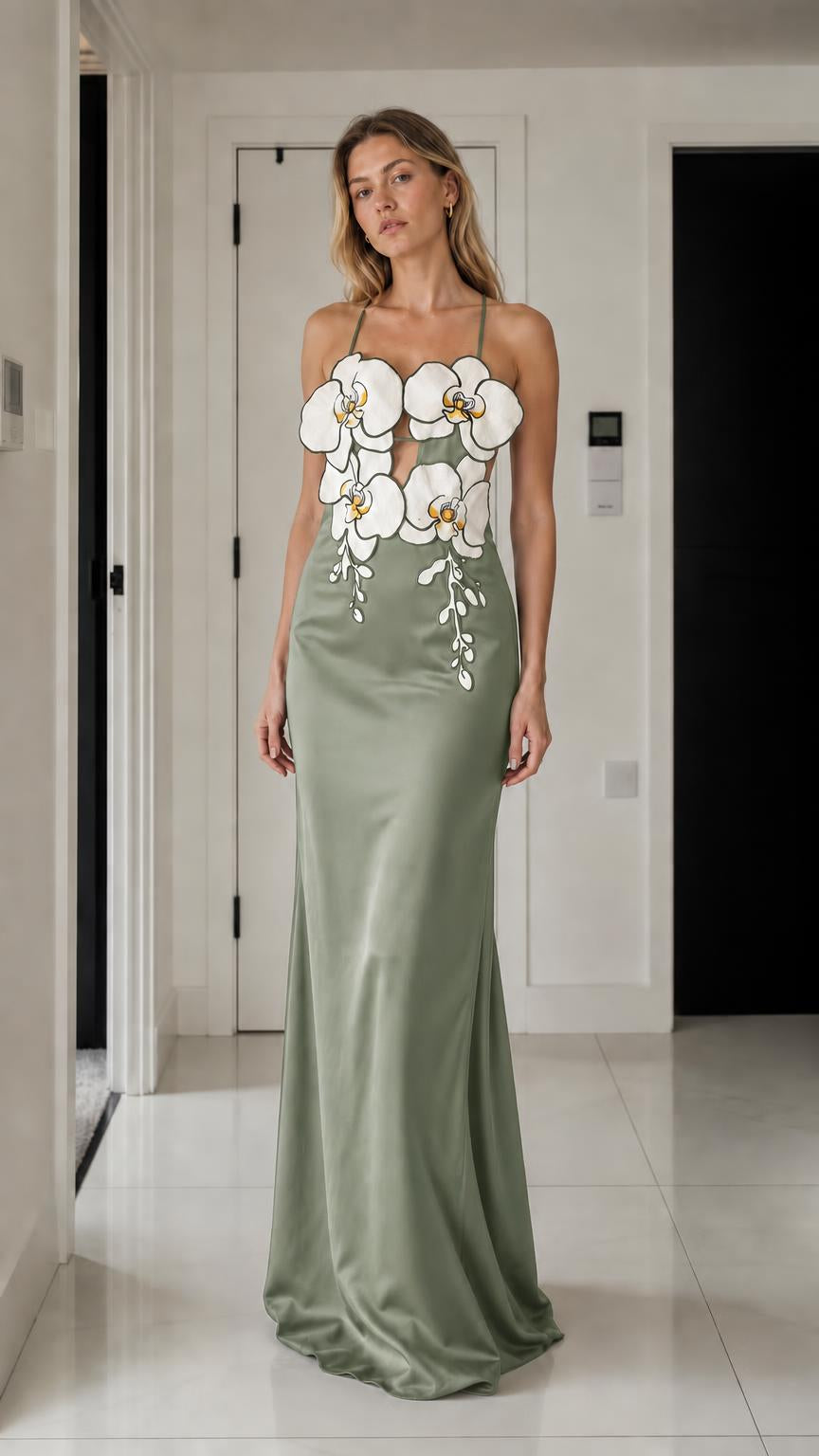 Elegance 3D Floral Applique Satin Maxi Dress in sage variant