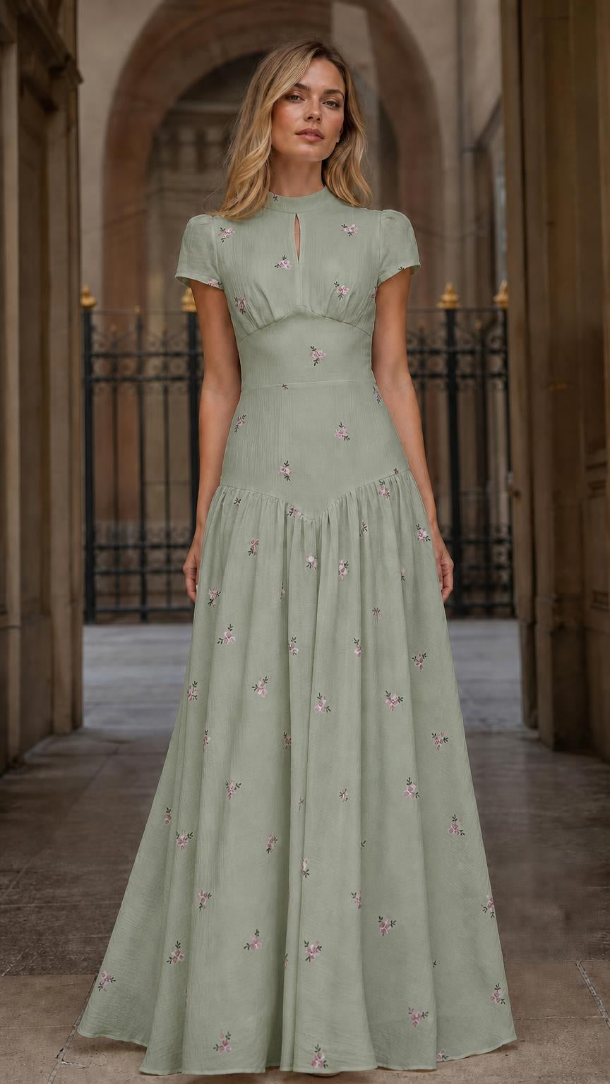 Front view of Sage Green floral embroidered maxi dress