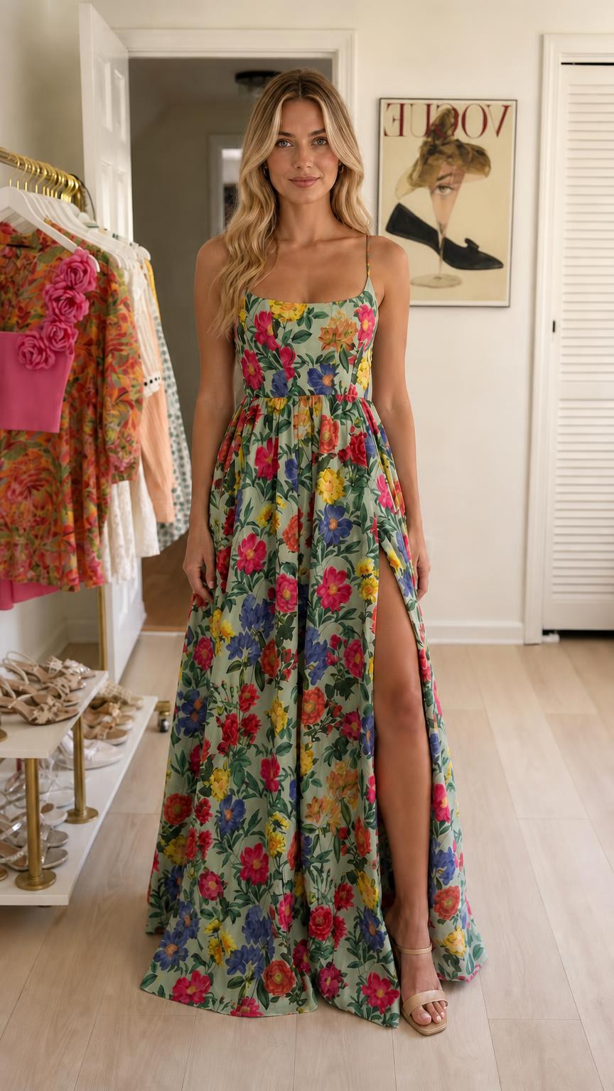 Woman wearing green floral maxi dress