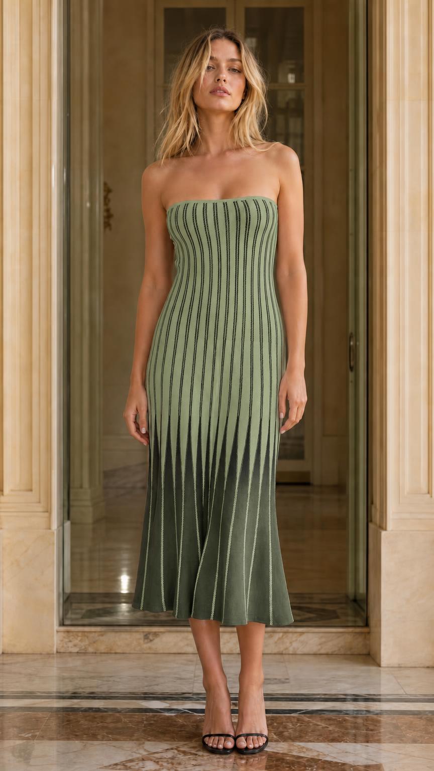 Front view of woman wearing Sage Green striped strapless midi dress
